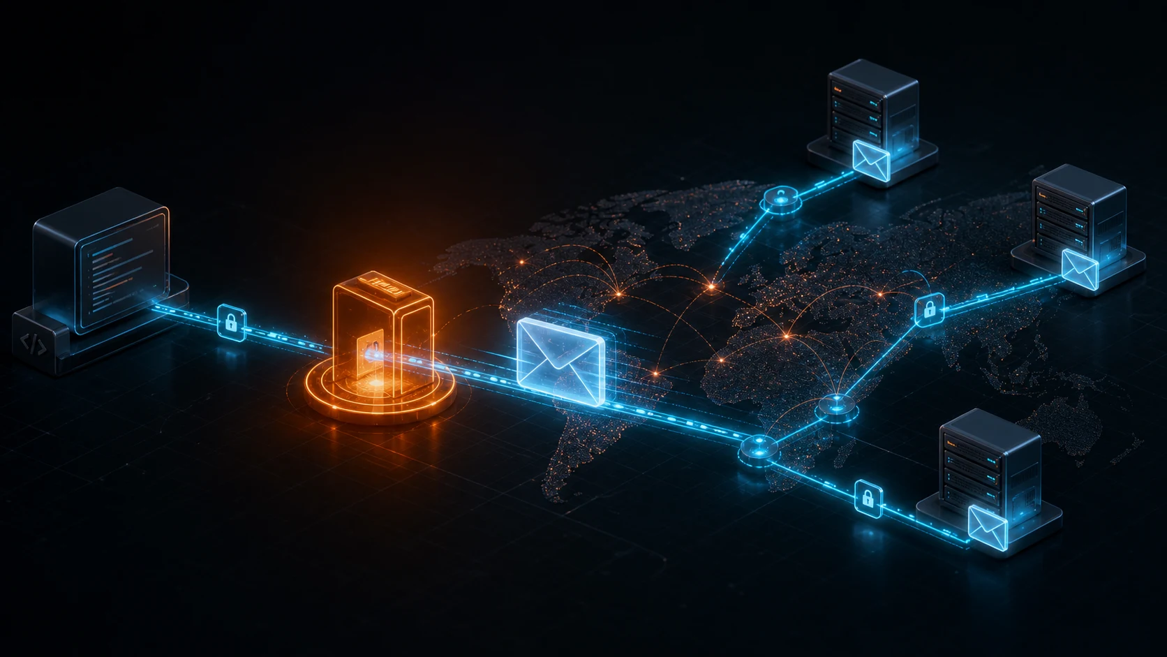 一封事务邮件通过加密 SMTP 连接进入全球邮件投递网络