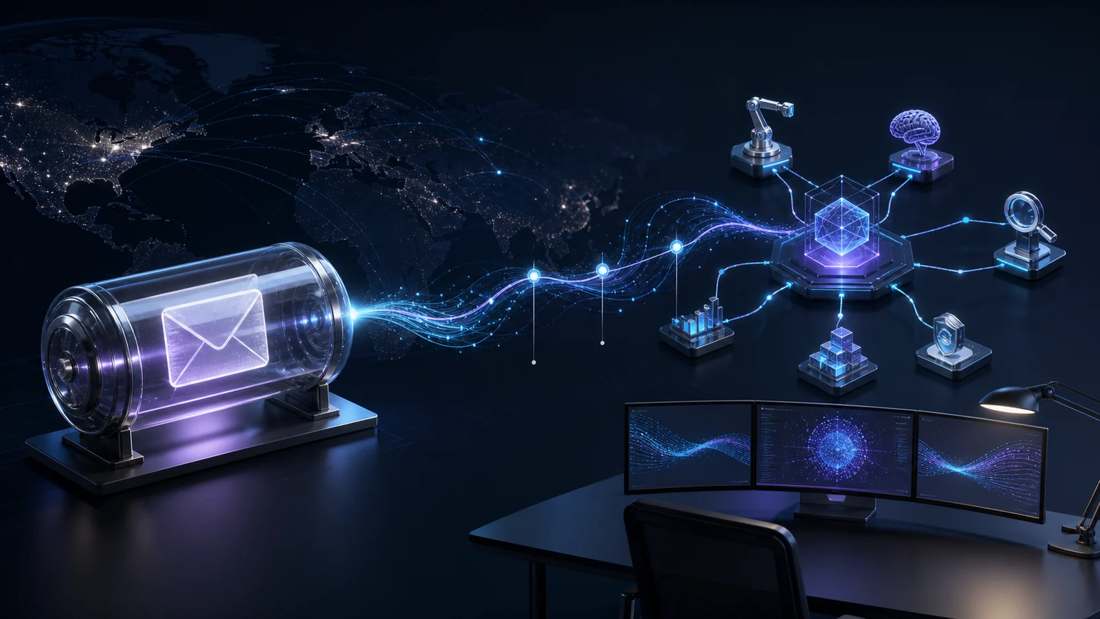 An email from 2023 extends from a glass time capsule into a modern agent workspace