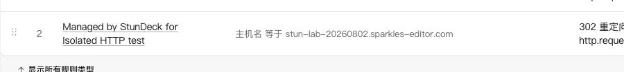 The StunDeck-managed 302 Single Redirect in Cloudflare; the dynamic target is cropped out