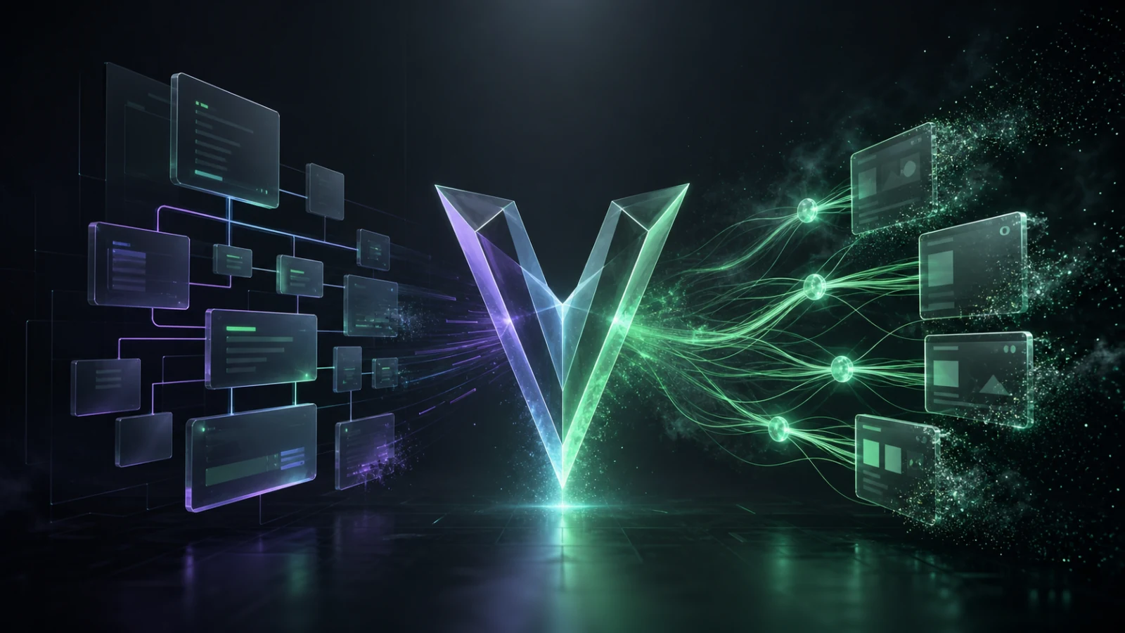 Vue 3.5 的虚拟 DOM 组件树经过晶体通道转向 Vue 3.6 的细粒度信号网络